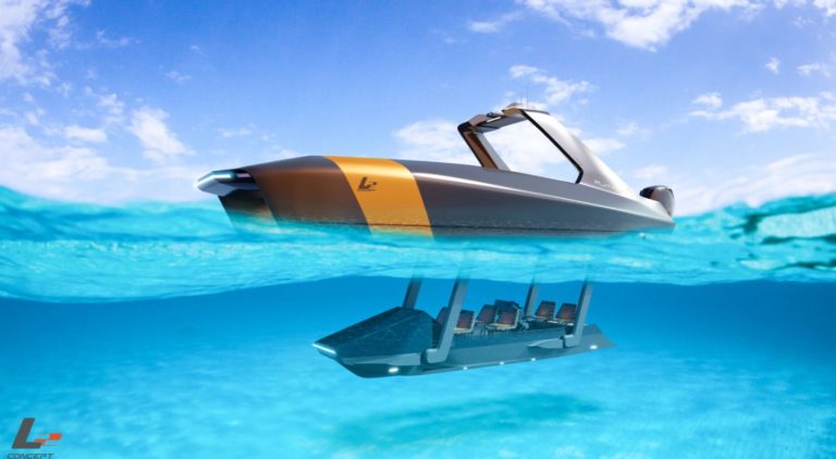 Picture of electric Platypus boat with submerged deck Powered by Evoy Breeze 120 hp outboard